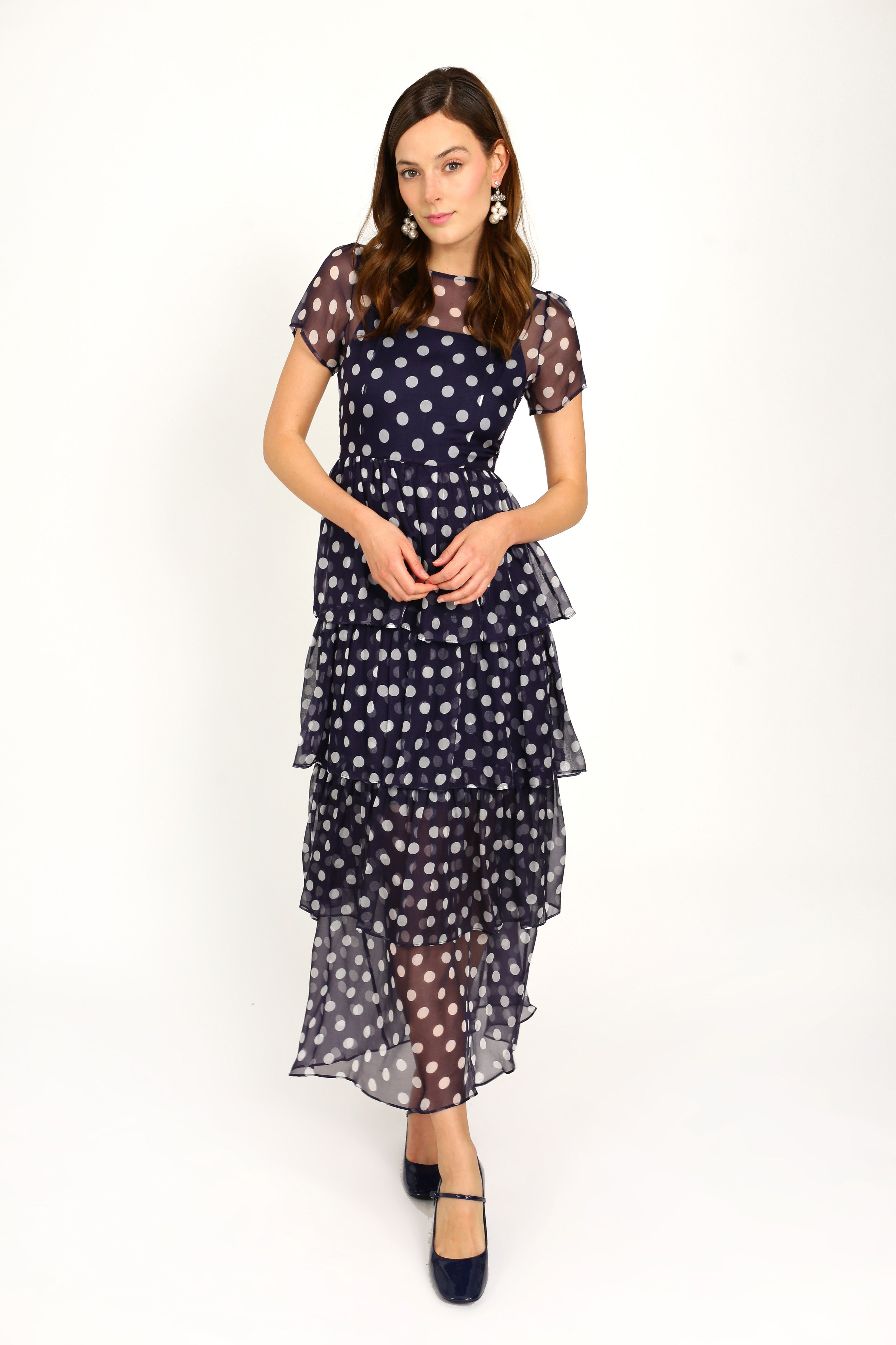 Brynn Tiered Gown - Navy Polka Dot – HVN