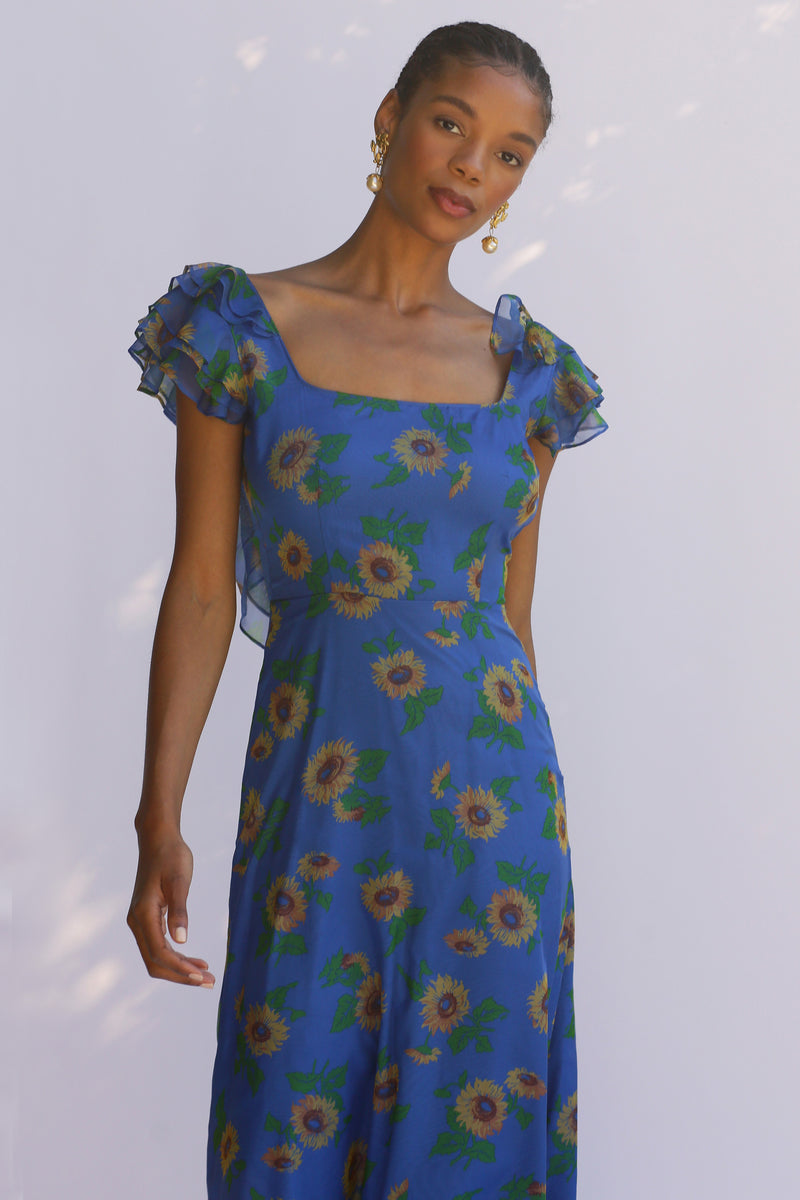 Kathryn Low Back Ruffle Dress - Blue Sunflower – HVN