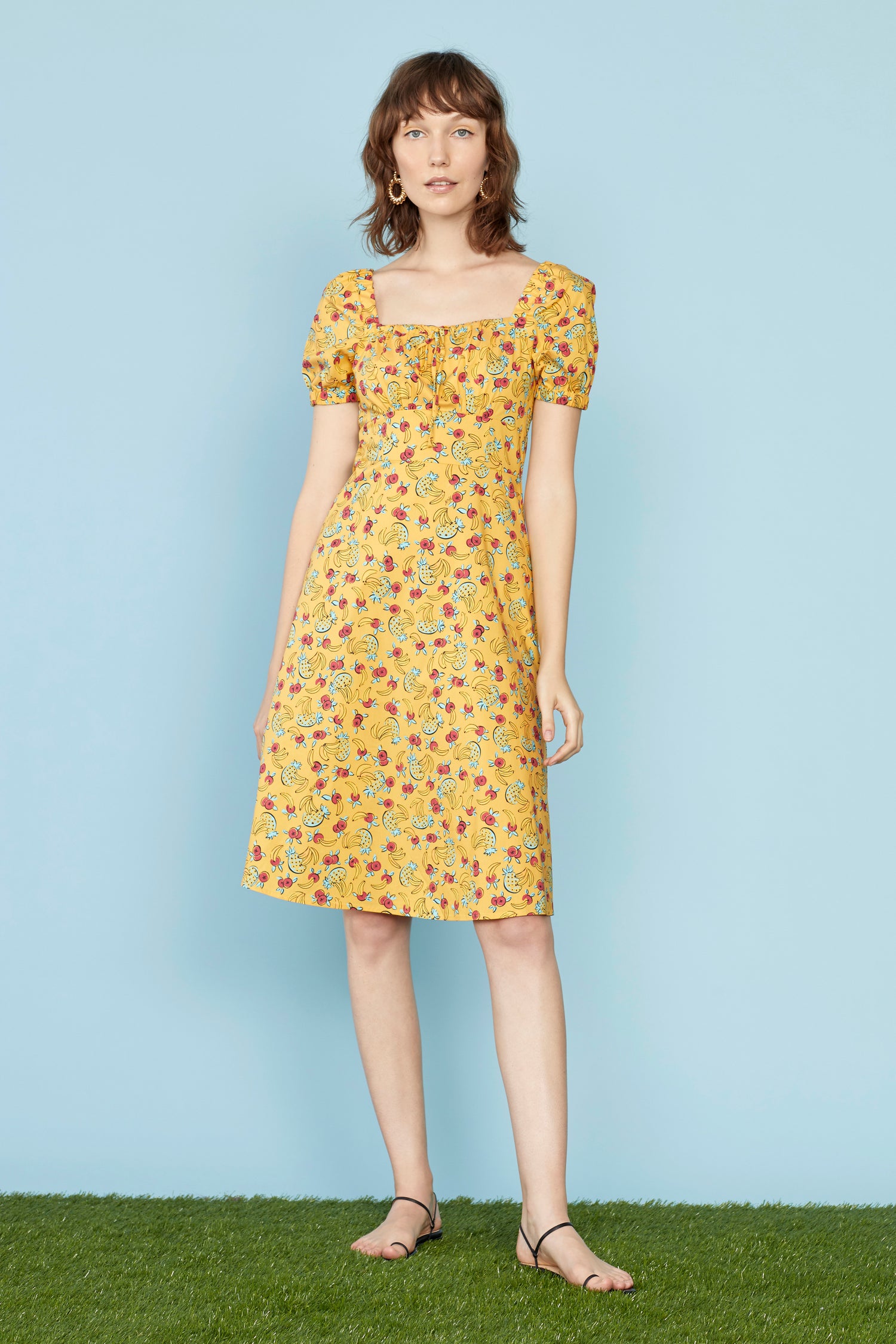Yellow Tropical Fruit Holland Bow Tie Cotton Dress