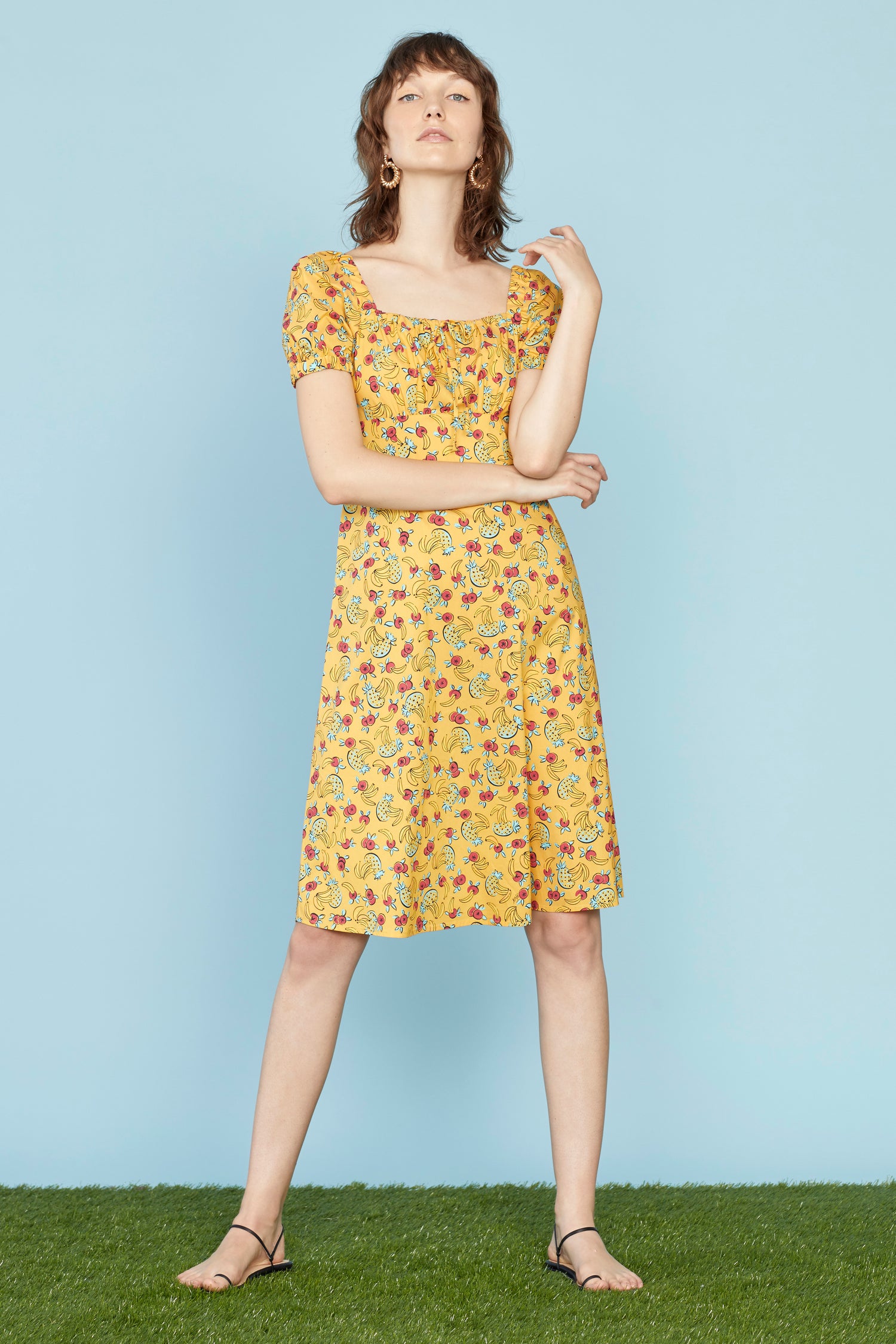 Yellow Tropical Fruit Holland Bow Tie Cotton Dress