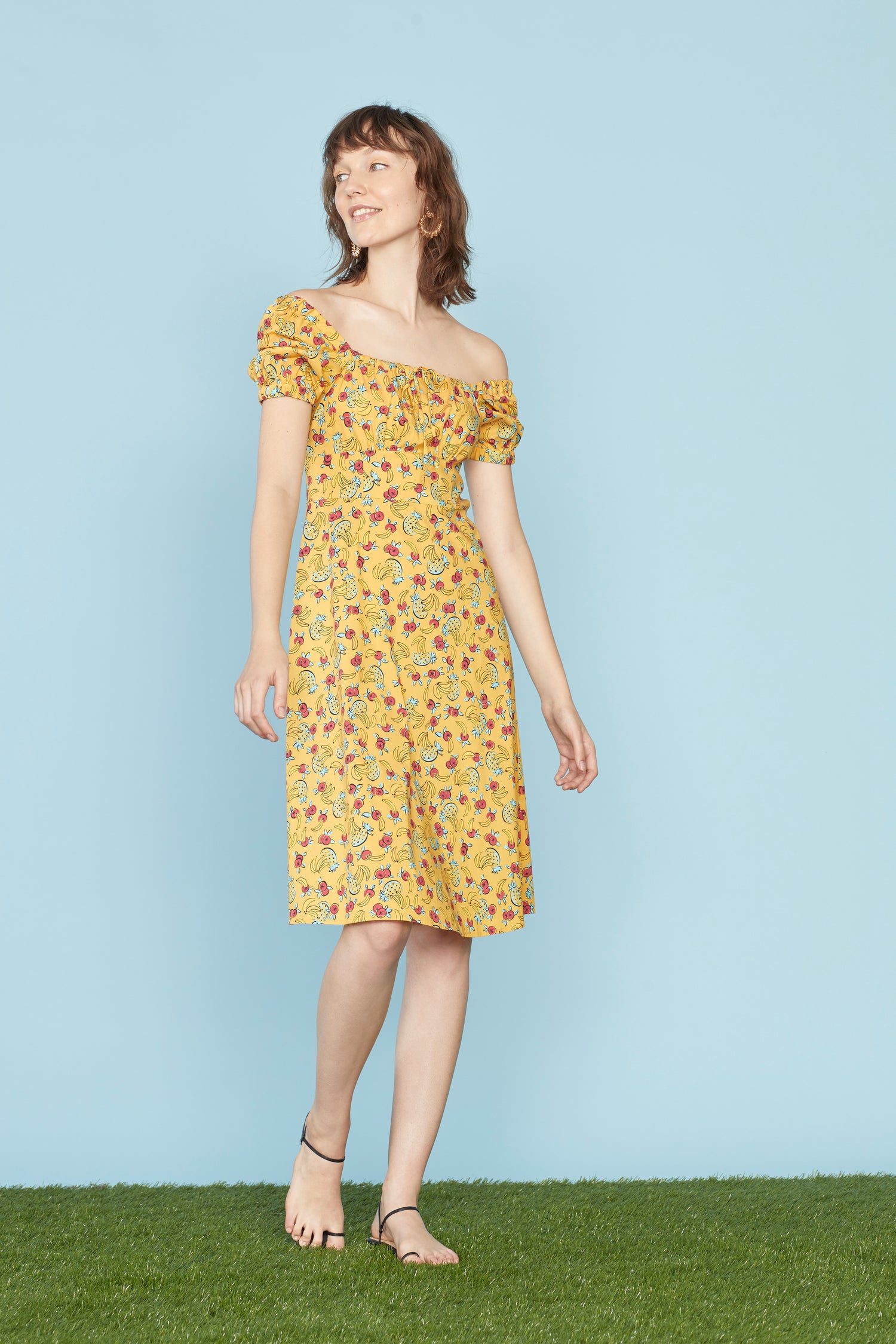 Yellow Tropical Fruit Holland Bow Tie Cotton Dress