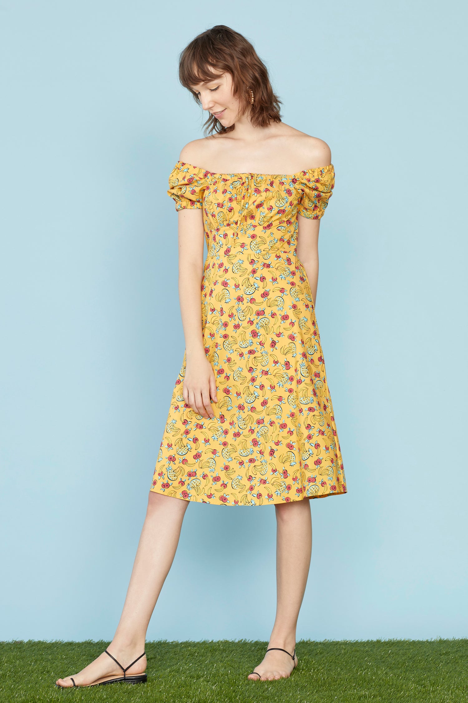 Yellow Tropical Fruit Holland Bow Tie Cotton Dress
