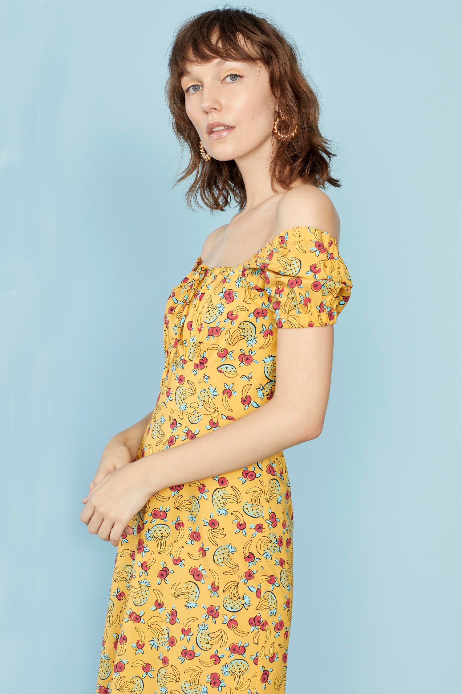 Yellow Tropical Fruit Holland Bow Tie Cotton Dress