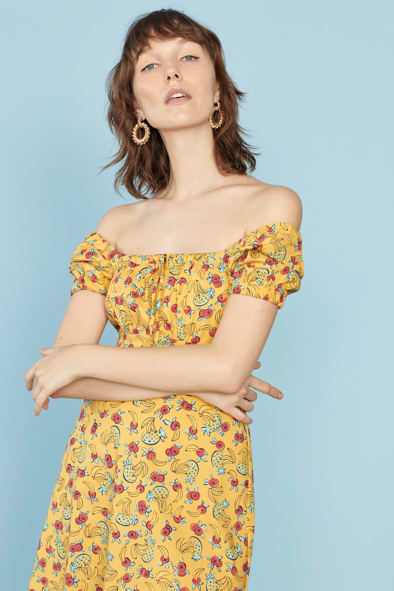 Yellow Tropical Fruit Holland Bow Tie Cotton Dress