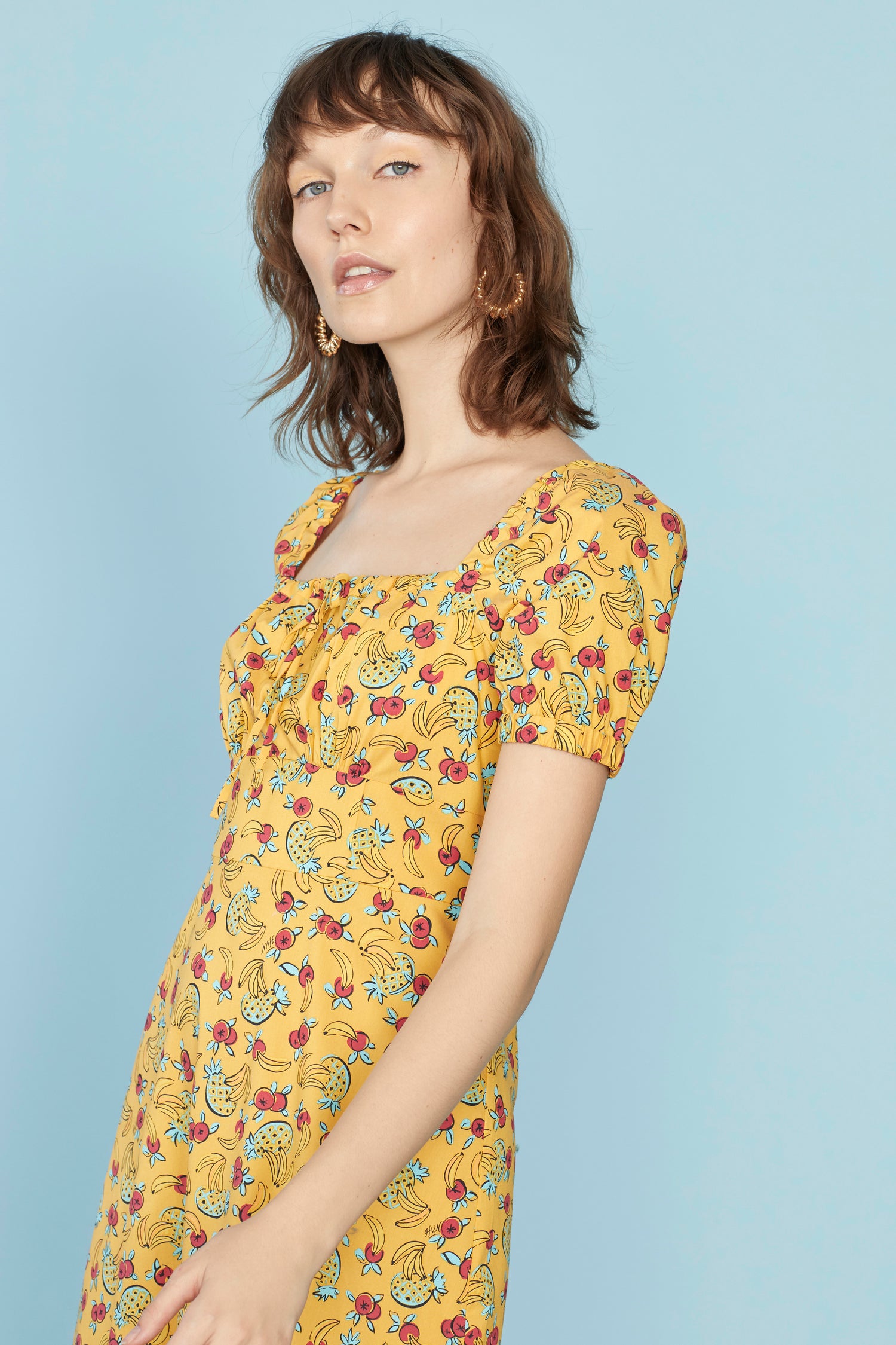 Yellow Tropical Fruit Holland Bow Tie Cotton Dress