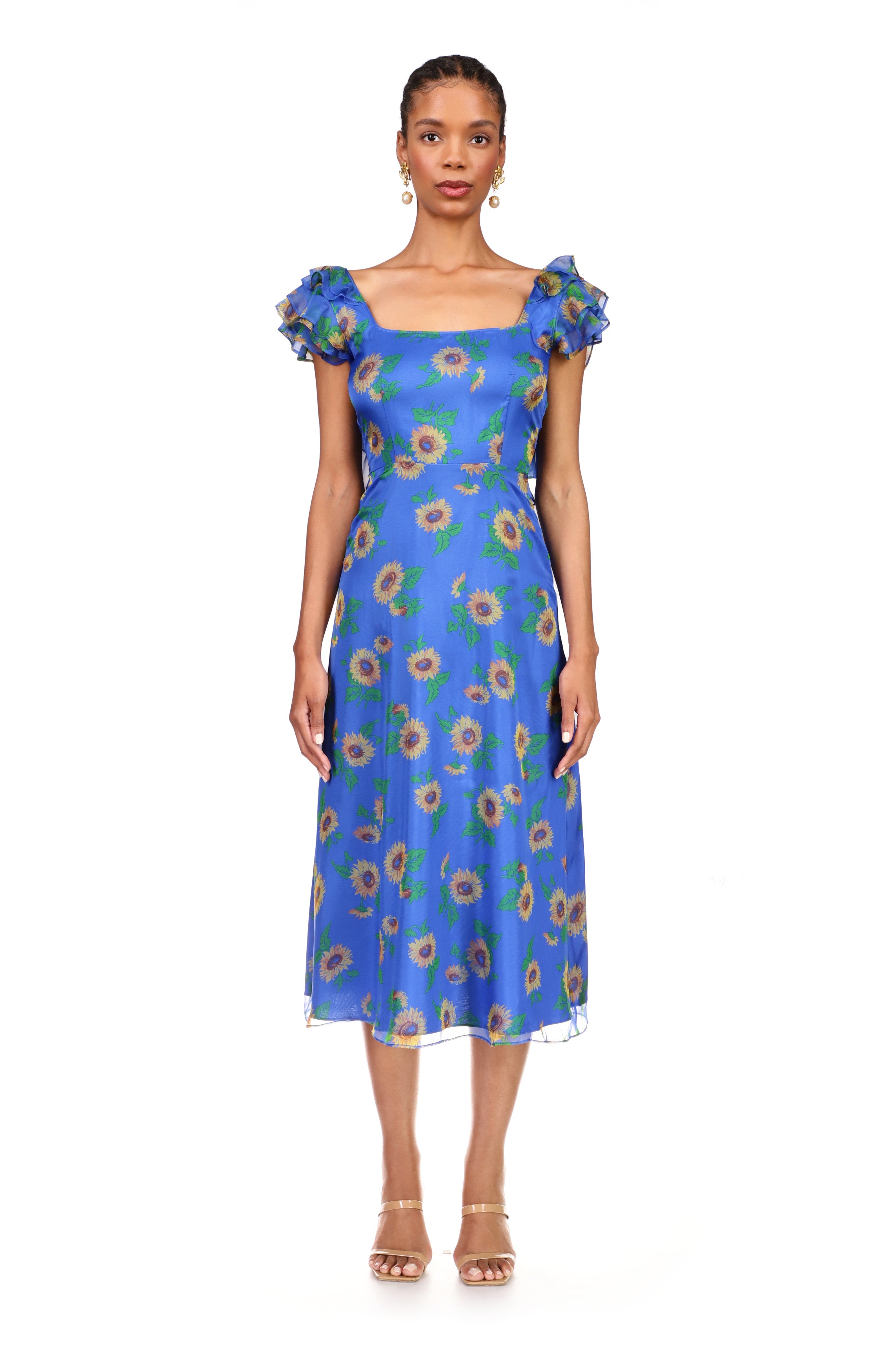 Kathryn Low Back Ruffle Dress - Blue Sunflower – HVN